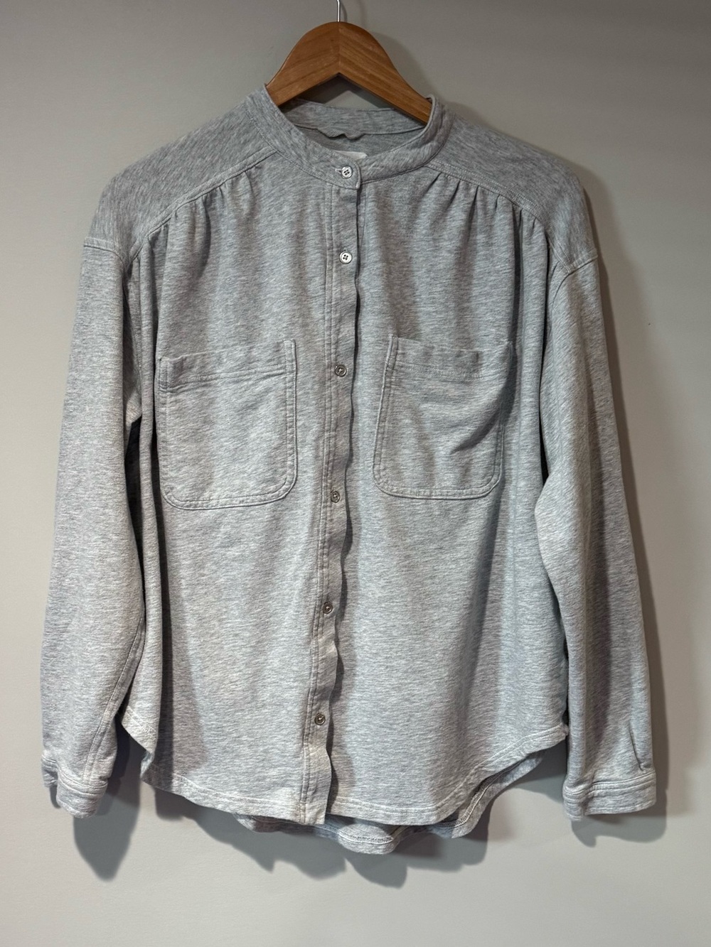 Aerie Grey Band Collar Long Sleeve Button Up Shirt Chest Pockets Soft Lounge XS
